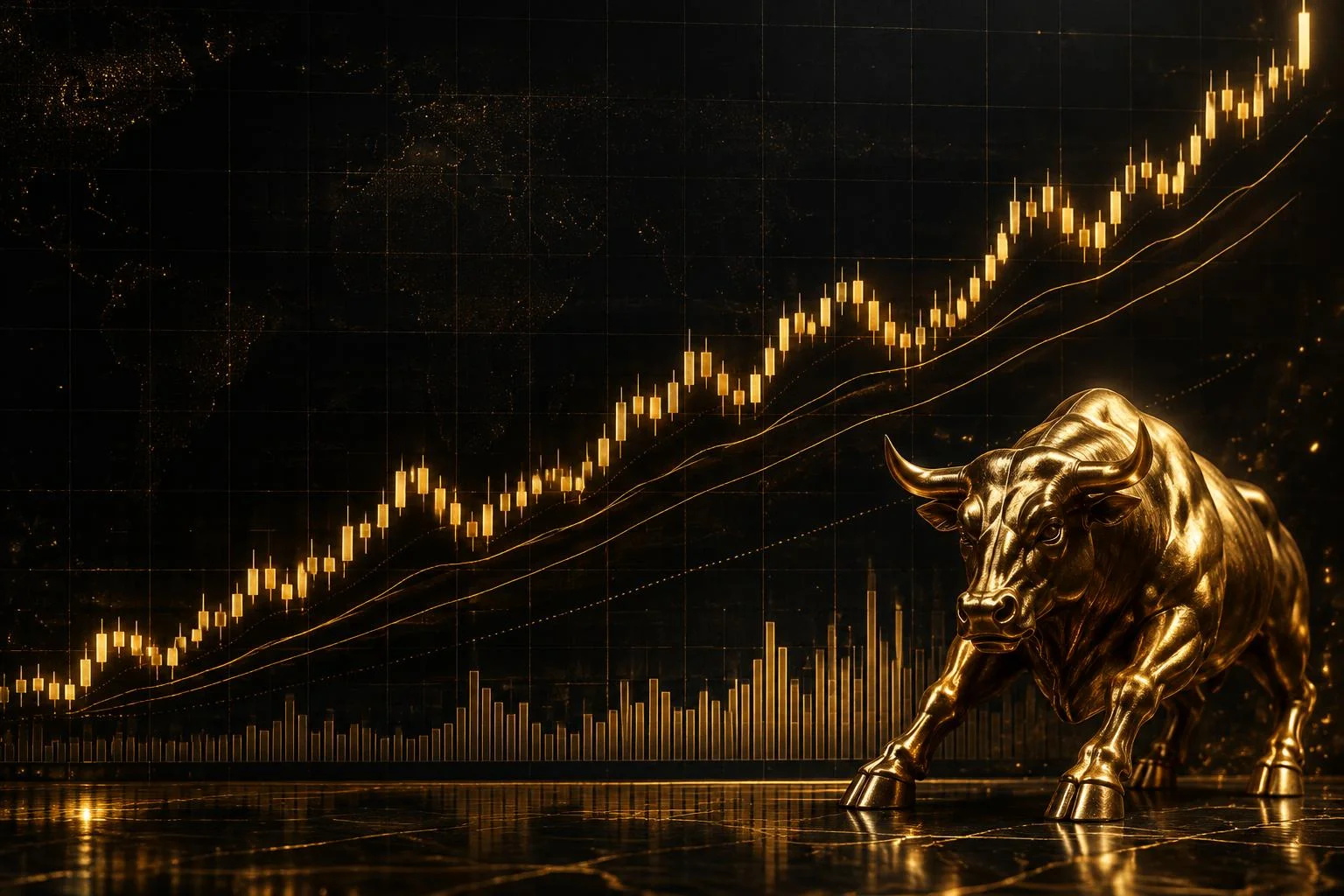 Sculpted gold bull beside a stylized candlestick chart